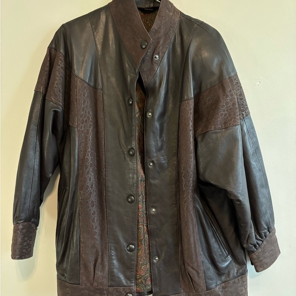 Vintage Bomber Chocolate Brown Animal Print Genuine Leather Jacket - Size Large - Picture 8 of 14